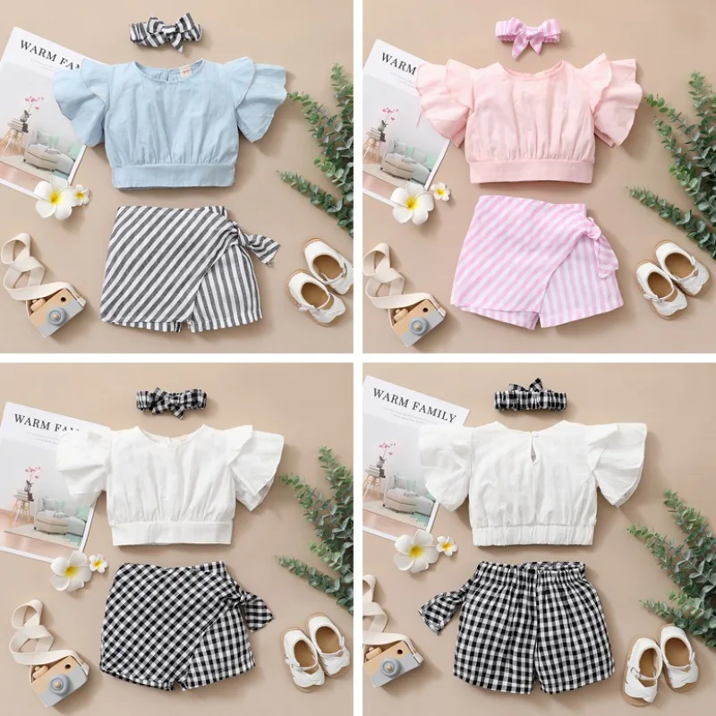

Summer Children Baby Girl Clothes Sets Casual Flare Sleeve Solid Tops T-shirt With Shorts Headband Outfits Set 12M-5Y