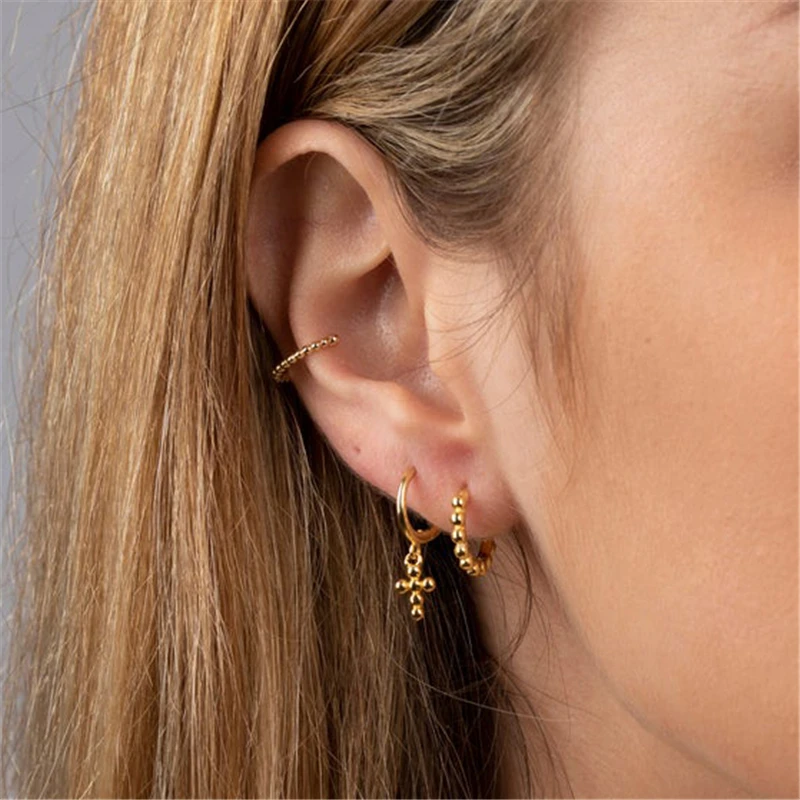 

CANNER 925 Silver Earrings For Women Gold Cross Pendant Earrings Girl Ear Bone Piercing Round Earring Female Small Hoop aretes