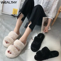 wealthy women winter furry slippers korean fashion warm fluffy fur shoes household cozy slip on flat slides female hairy slipper