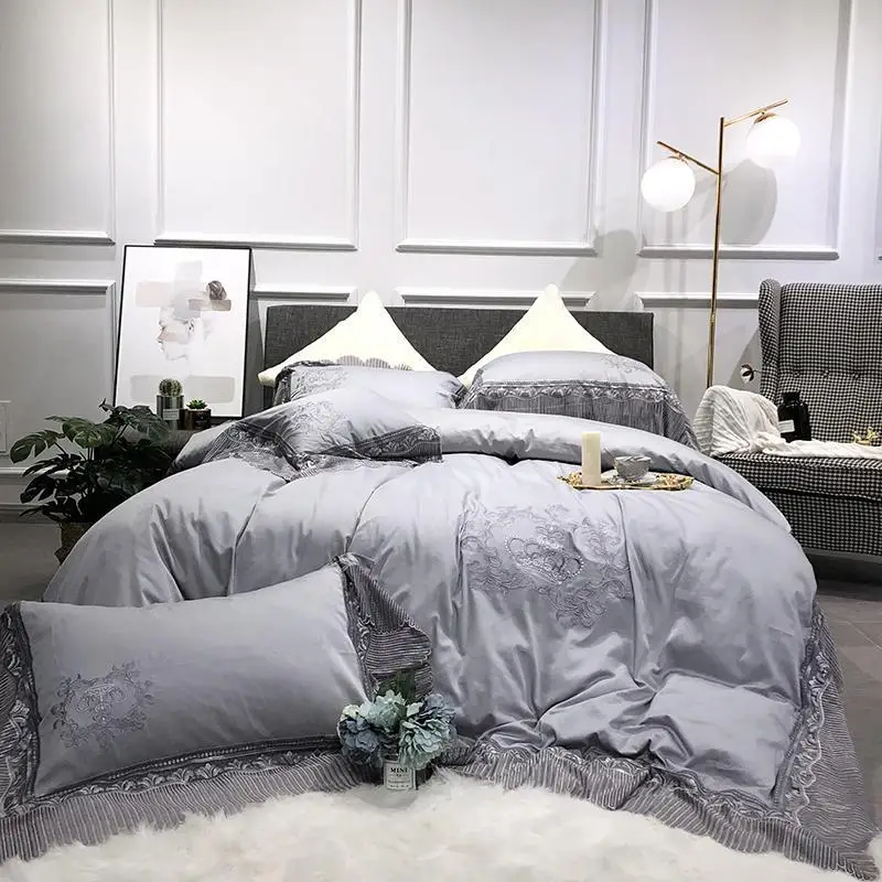 100% египетского хлопка 4 шт. с кружевными вставками и корона пододеяльник набор