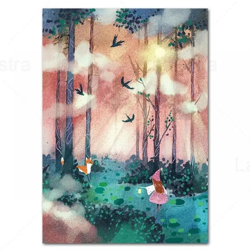 

Nordic Canvas Painting Poster Forest Fairy Tale Cartoon Cat Painting Wall Art Modular Kids Room Nursery Decoration Home Decor