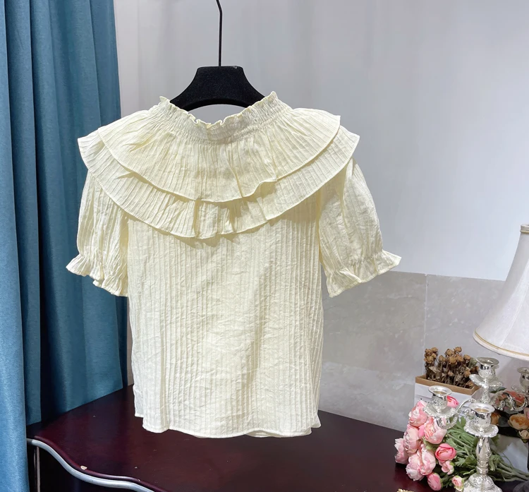 

2021 Summer Short Sleeve Shirt Sweet Fresh V-neck Ruffled Loose Blouse Women's Blusas Puff Sleeve All-Match Top Women-blouses