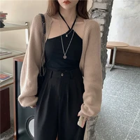 retro loose knitted shawl korean style women cropped knit cardigan 2021 autumn new high street long sleeves cardigan crop top