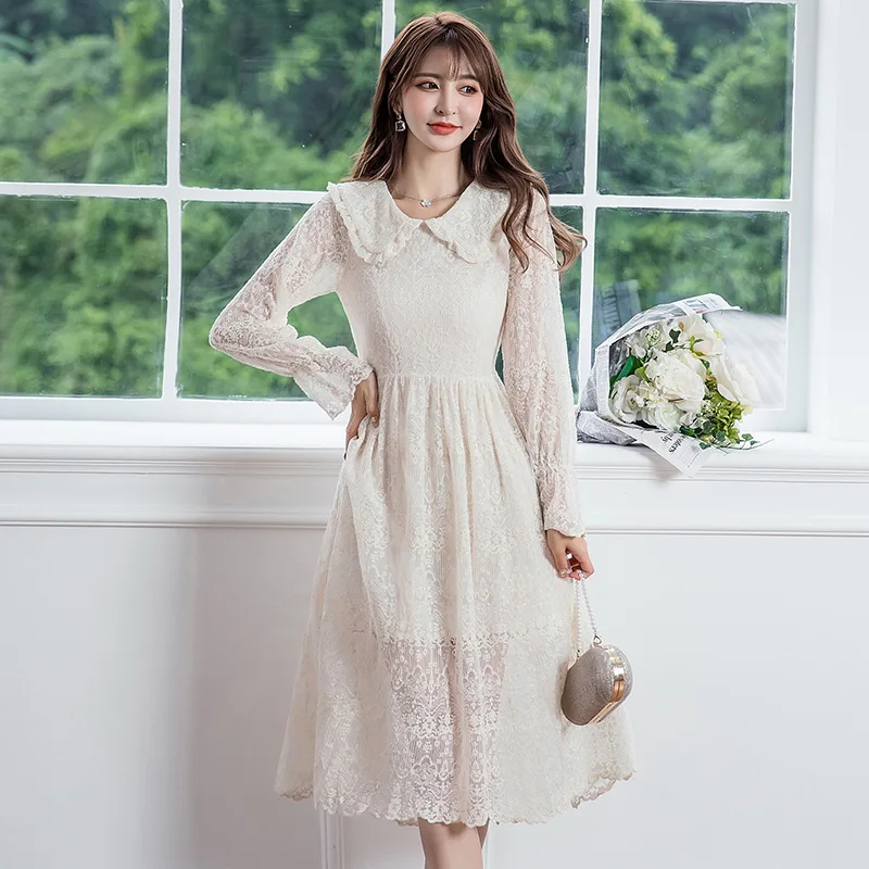 

2021 Spring/summer Hepburn Style Dress Baby Collar Long Sleeve Lace Embroidery Medium Long Temperament Versatile Dress