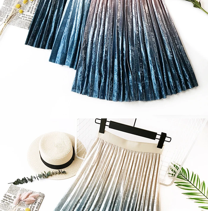 SURMIITRO Warm Velvet Midi Skirt Women Autumn Winter Korean Pink Gradient Ladies High Waist Pleated Long Skirt Female