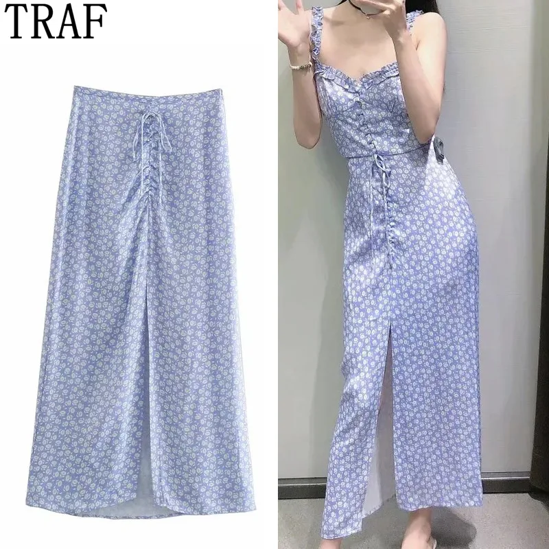 

Za 2021 Blue Floral Long Skirt Women Summer High Waist Midi Skirt With Slit Ruched Fairycore Fashion Woman Skirts Suits