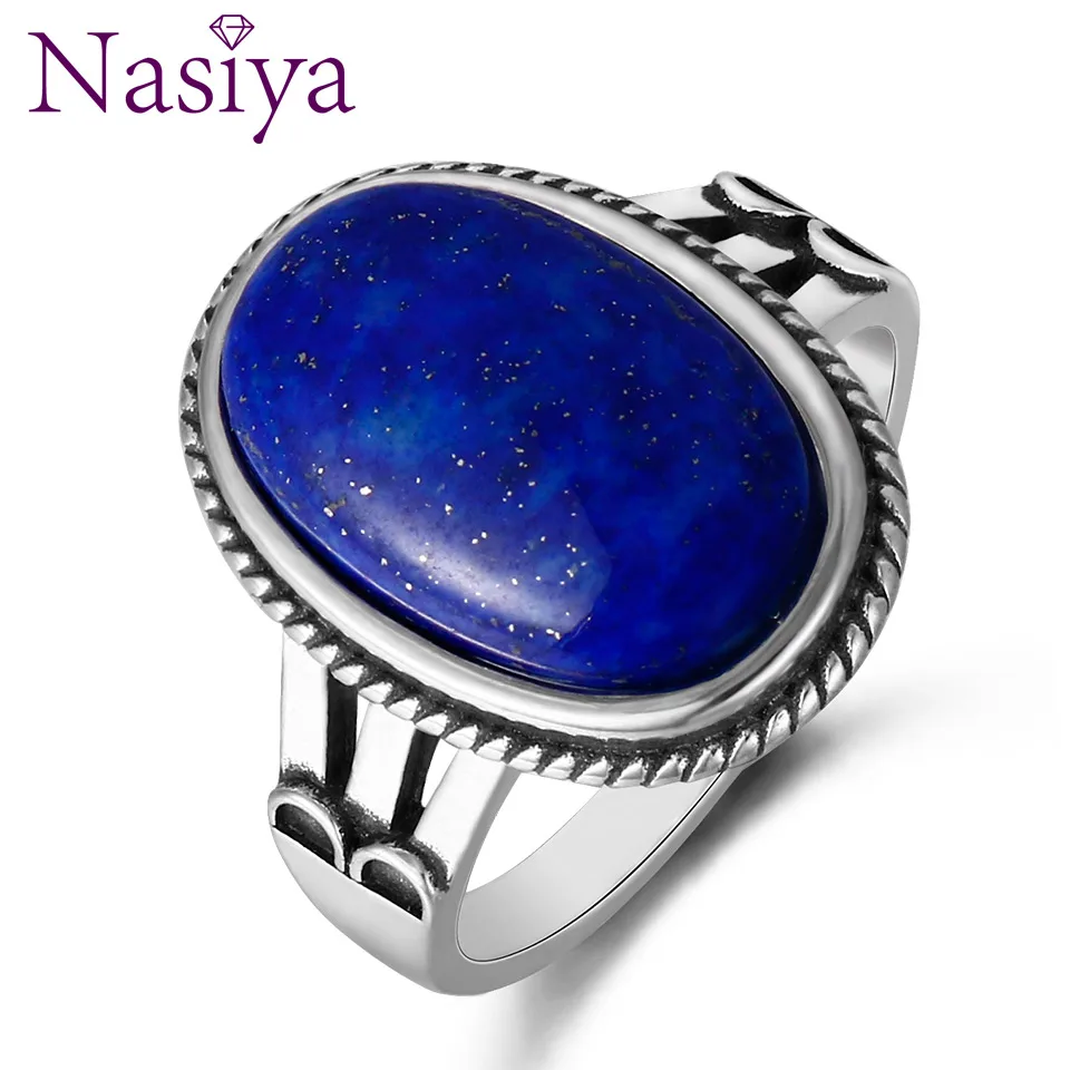 Lapis Новые классические большие кольца Nasiya 10x17 мм, овальные натуральные высококачественные лунные камни для женщин, 925 серебро, хорошее винтажное ювелирное изделие - Цвет камня: Lapis