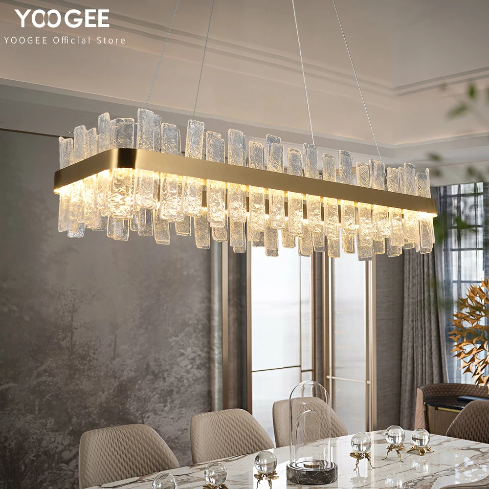 

YOOGEE New Rectangle Kitchen Island Chandeliers Luxury Dining Room Glass Light Fixtures Gold LED Cristal Lamp Lustres