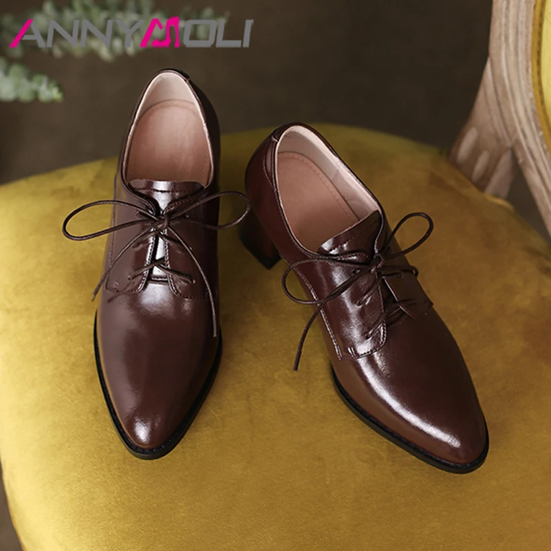 

ANNYMOLI Genuine Leather Women Loafers Thick Heels Pumps Oxfords Shoes Pointed Toe Lace Up High Heel Footwear Spring Black Brown