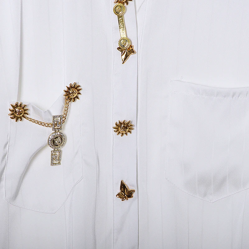 

SISPELL Patchwork Metal Buckles Shirt For Female Lapel Collar Long Sleeve Loose Print Strap Women's Casual Shirt Fashion Tide