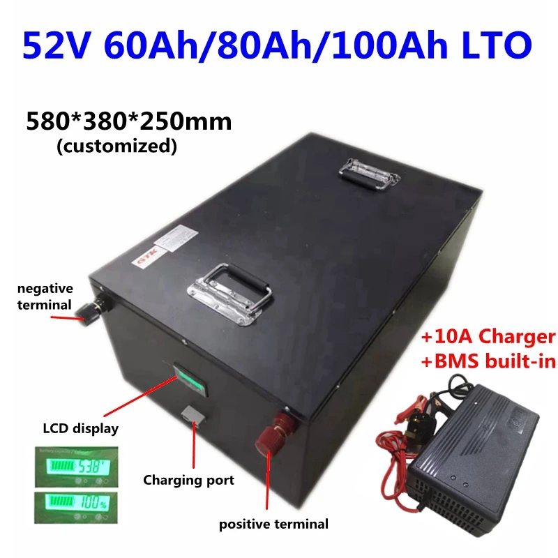 

20000 cycle LTO 52V 52.8V 60Ah 80Ah 100Ah Lithium Titanate Battery with BMS 22S for solar system Hybrid inverter+10A Charger