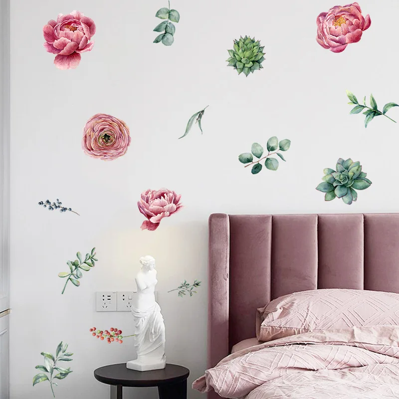 

Succulent Green Plant Peony Flower Wall Stickers for Living Room Home Decor Girls Bedroom Flower Murals Decals
