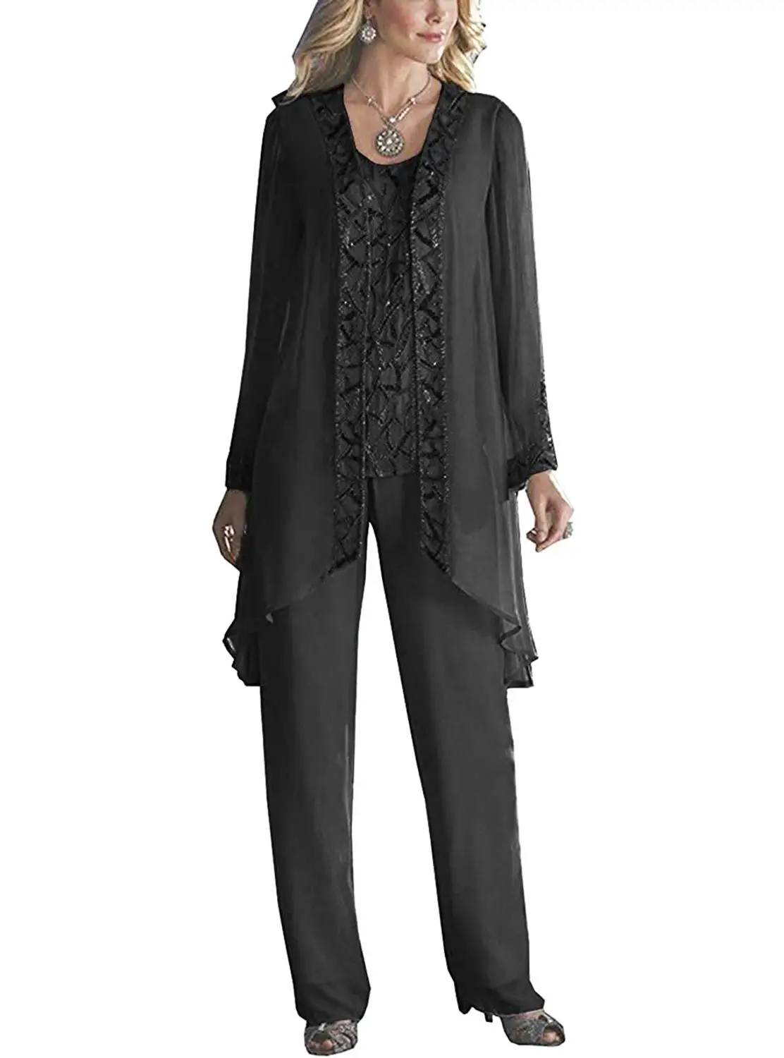 

2020 New 7-minute sleeveses Back Zipper Beaded Plus Size Chiffon Mother dress Three Pieces Pant Suit Chiffon Mother Wear