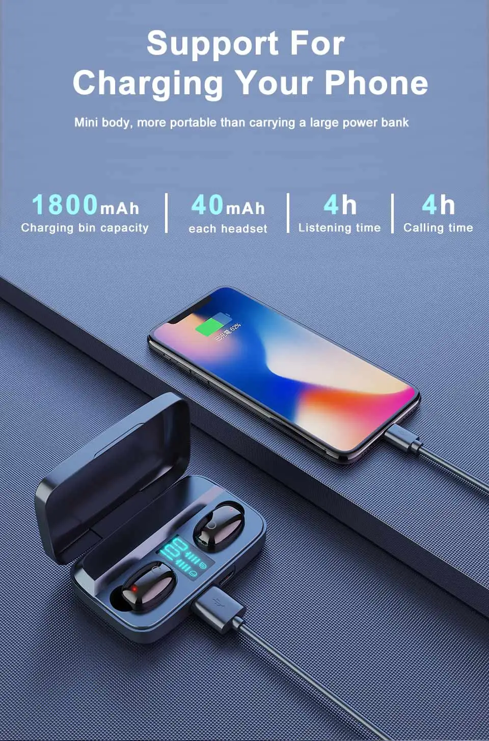 AWI W2S беспроводные наушники Bluetooth 5,0 TWS гарнитура светодиодный дисплей с 1800 мАч Внешний аккумулятор Наушники Hi-Fi стерео спортивные наушники