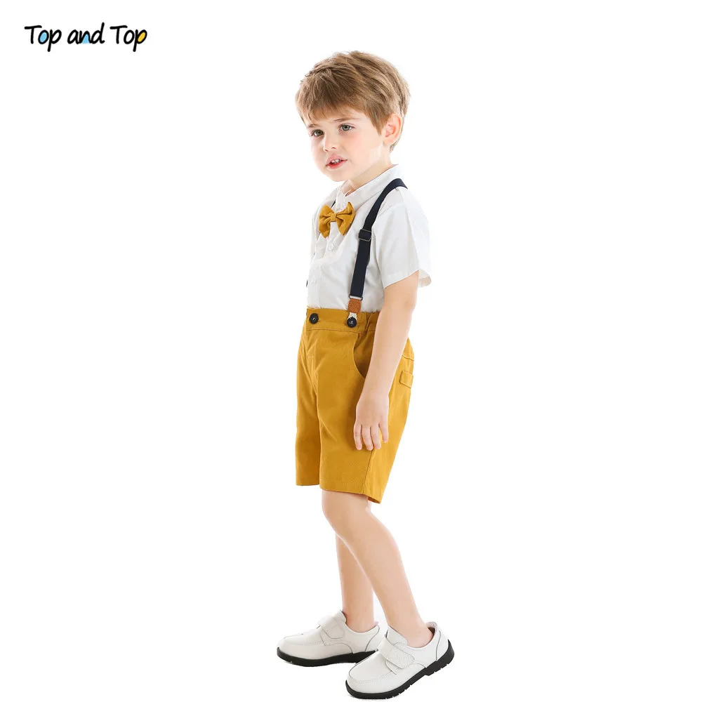 Top and Summer Kids Boy Casual Clothes Set Cotton Short Sleeve Bow Tie Tops+ Suspender Shorts Children Gentleman Suit |