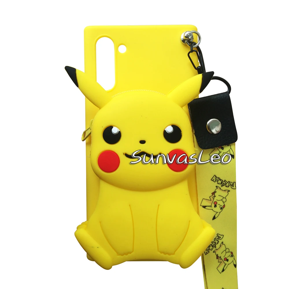Pikachu 3D кошелек для samsung Galaxy Note 10/Note 10 Plus, мягкий силиконовый чехол с изображением животных из мультфильма, чехол-кошелек, чехол для телефона с цепочкой и кабелем - Цвет: Pikachu