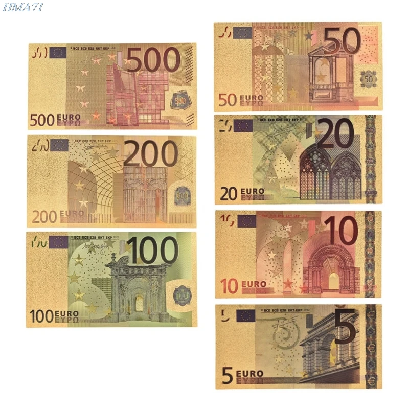 

7pcs/lot 5 10 20 50 100 200 500 EUR Gold Banknotes in 24K Gold Fake Paper Money for Collection Euro Banknote Sets
