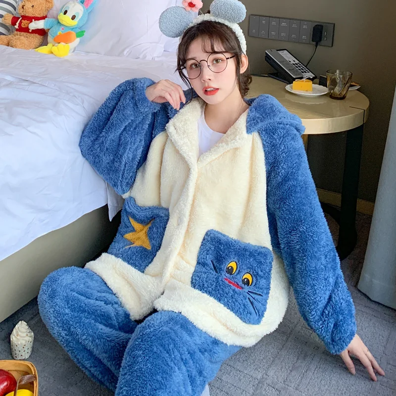 Winter Pajamas Women Sleepwear Plush Inspissate Nightgown Hooded High Quality Packed Thicken женский Loose Version Pajama Set