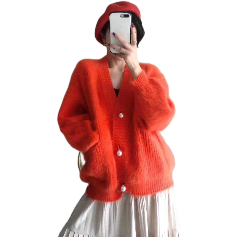 Шерстяной короткий кардиган из ангоры джемпер с длинным рукавом V-образным