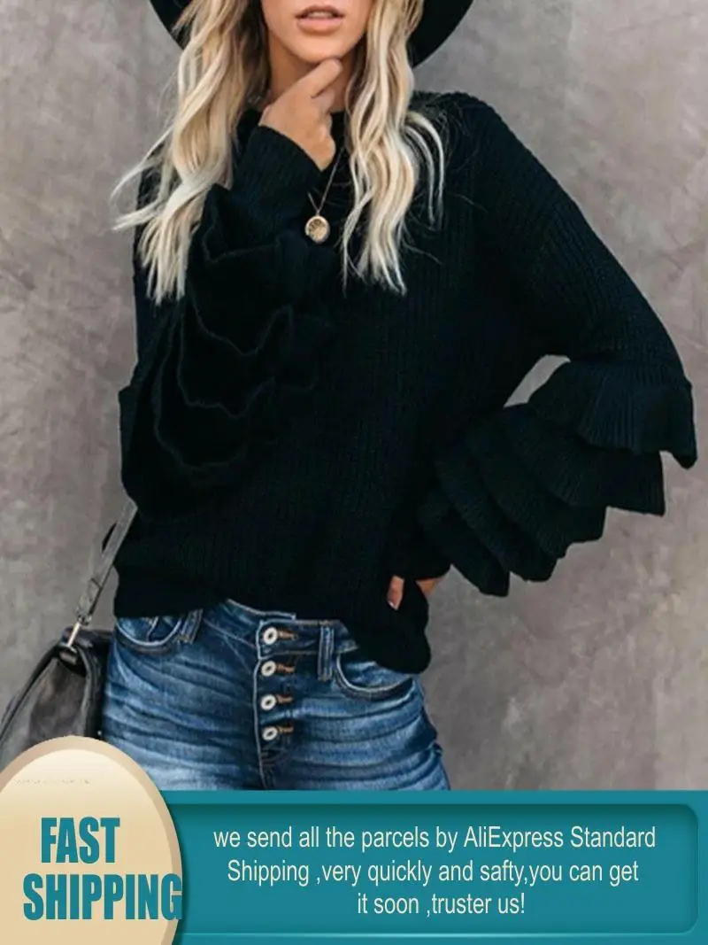 Новый популярный женский Зимний вязаный кардиган с воланами свободный пуловер