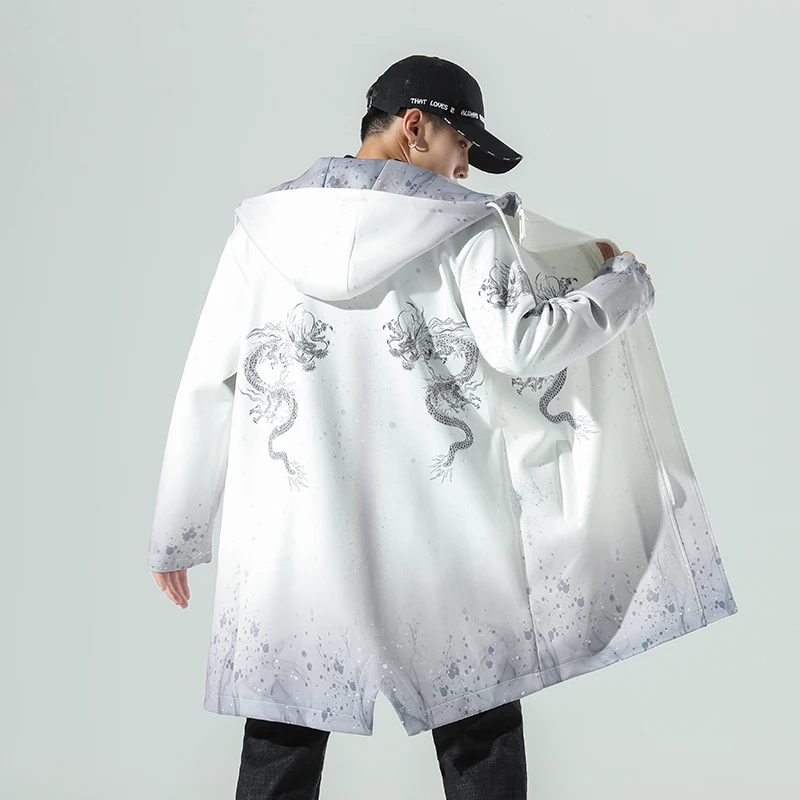 2022 Men Kimono Vintage Trench Mens Chinese Style Long Gown Jacket Male National Streetwear Windbreaker Printed Open Stitch Coat