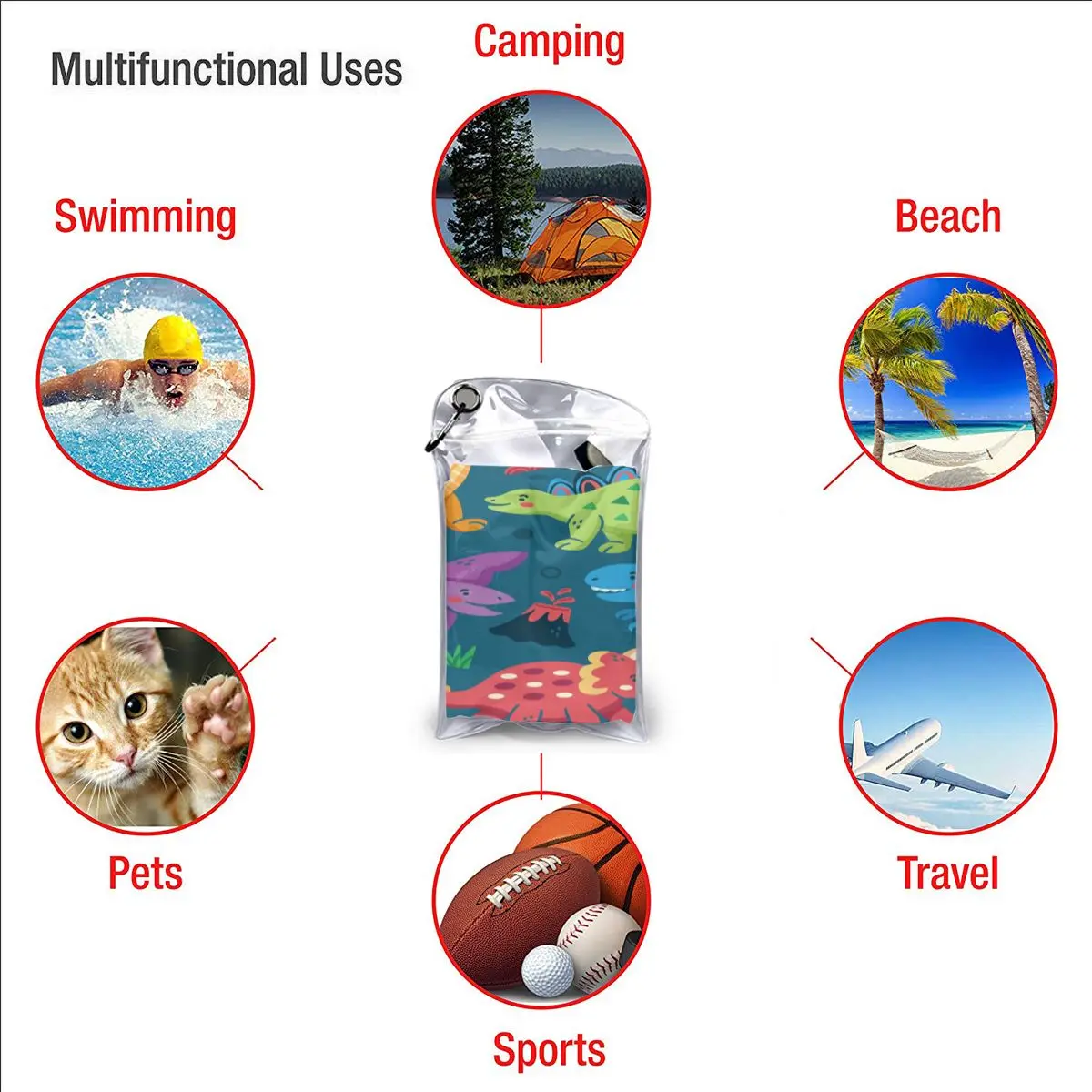 

Quick Drying Pocket Towel Colorful Dinosaur Portable Water Absorbent Towel No Pilling Sports Bath Towel