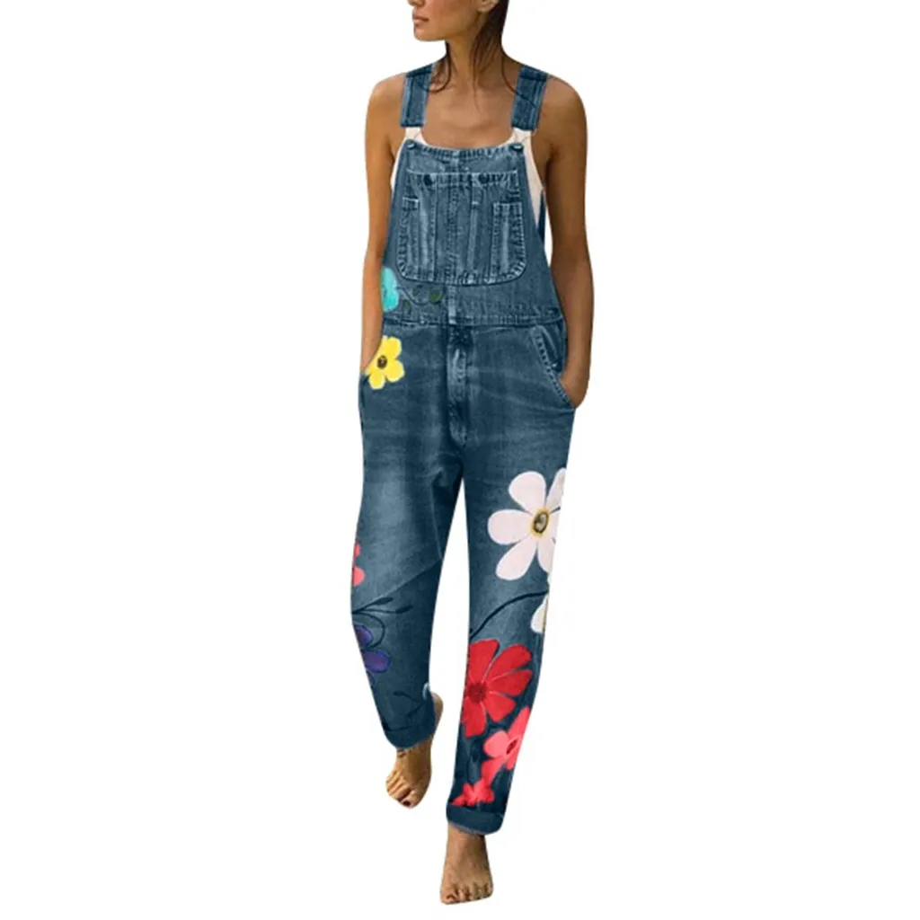 Женский джинсовый комбинезон в уличном стиле с цветочным принтом сексуальные