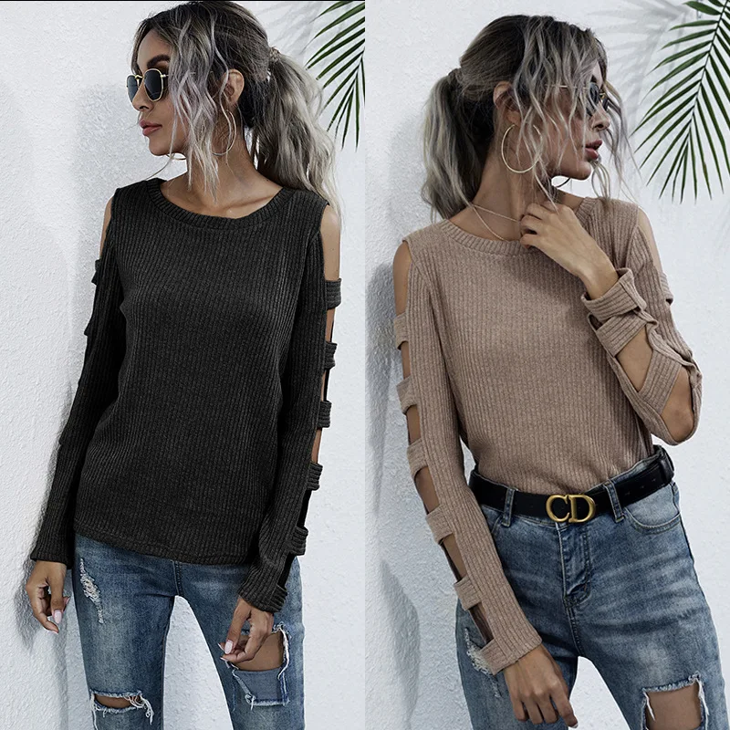 

2021 autumn European and American strapless slim-fit sweater women's hollow long-sleeved bottoming sweater