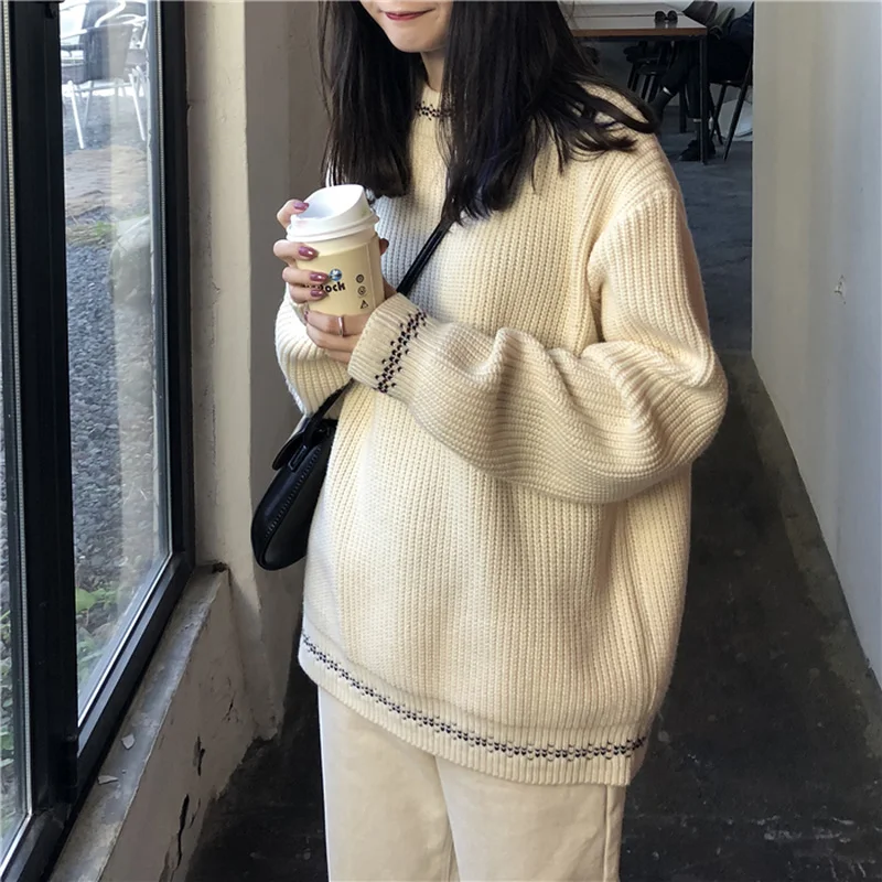 Свитер женский осенне-зимний вязаный с круглым вырезом и длинными рукавами |