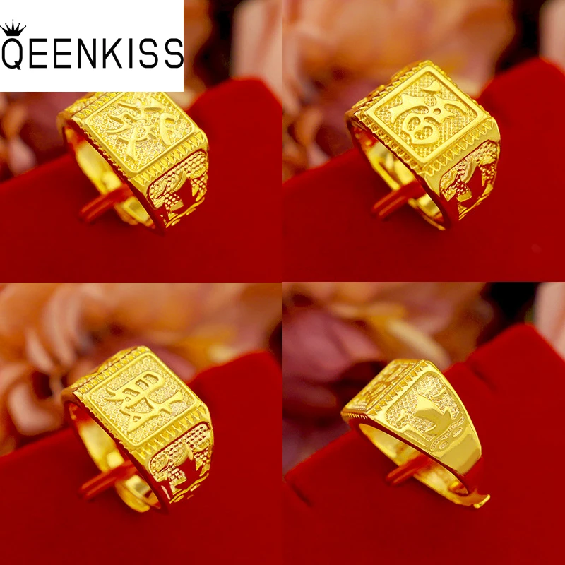 

QEENKISS RG522 2021 Fine Jewelry Wholesale Fashion Hot Man Boy Birthday Wedding Gift Vintage FA CAI FU 24KT Gold Resizable Ring