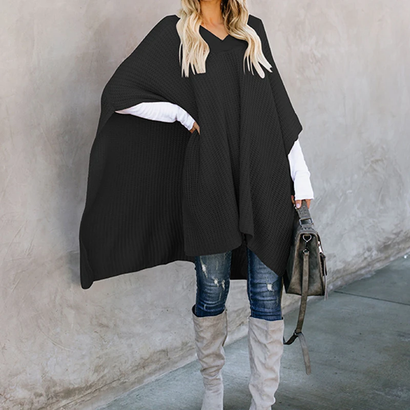 Women's Autumn Winter Sweater Split Batwing Sleeve Long Coat Female Casual Loose Knitted Pullover Solid Pink Cloak Jumper | Женская