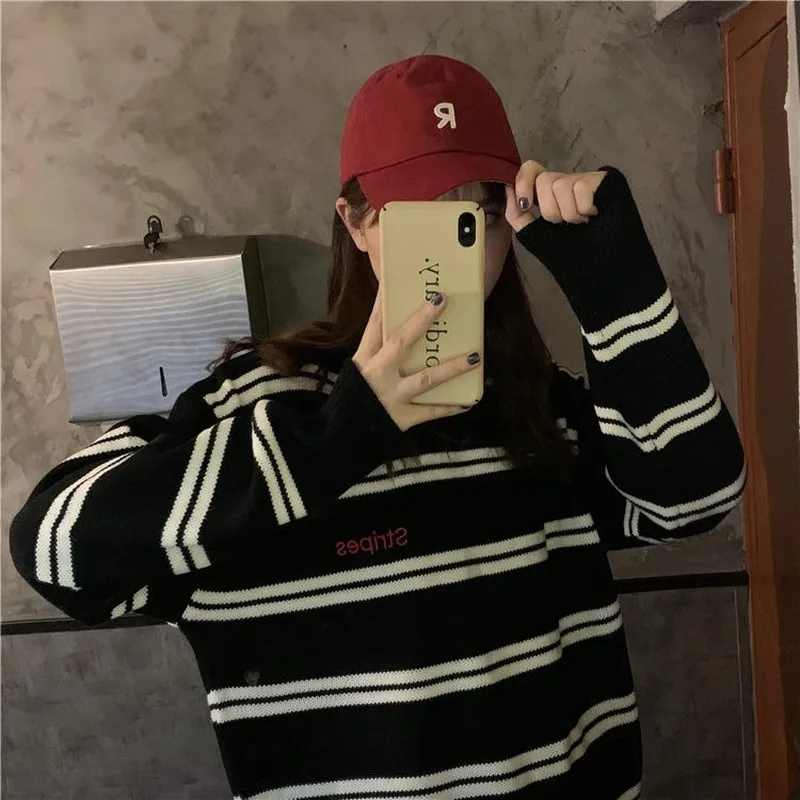 

Pullovers Women Striped Jacquard Sweaters Womens Winter Soft Letter Embroidery Loose Chic Ins Jumpers All-match Stylish Harajuku