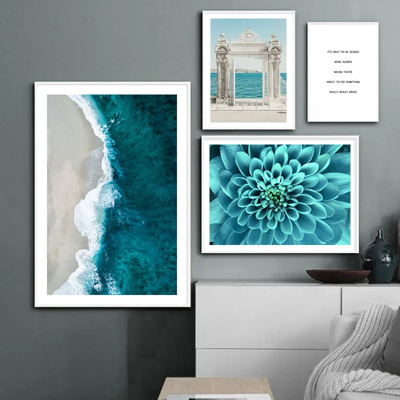 

Ocean Waves Blue Flower Wall Poster Sea Beach Landscape Canvas Print Nordic Painting Scandinavian Art Room Decoration Picture