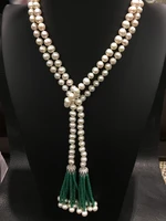 hot sell long 7 8mm natural white freshwater pearl sweater green chain necklace fashion best gift for mom jewelry 48inch