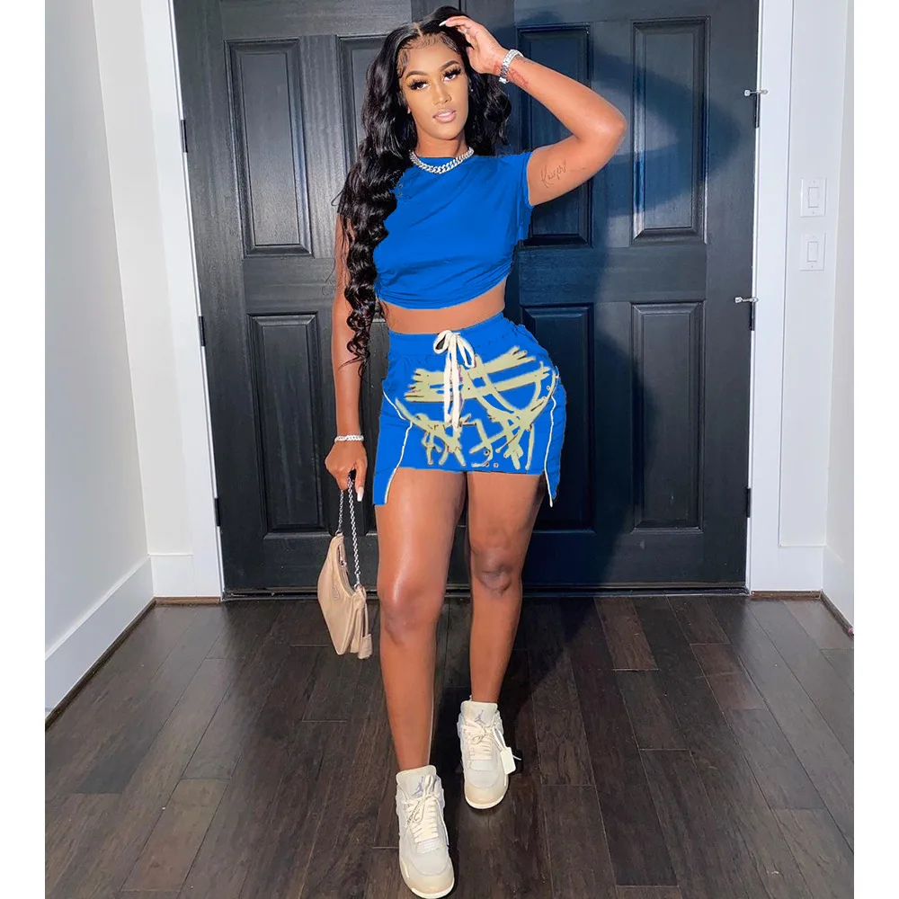

Custom Logo Women 2 Piece Skirt Set Summer Short Sleeve Crop Top Women's Skirts Two Piece Set Clothing