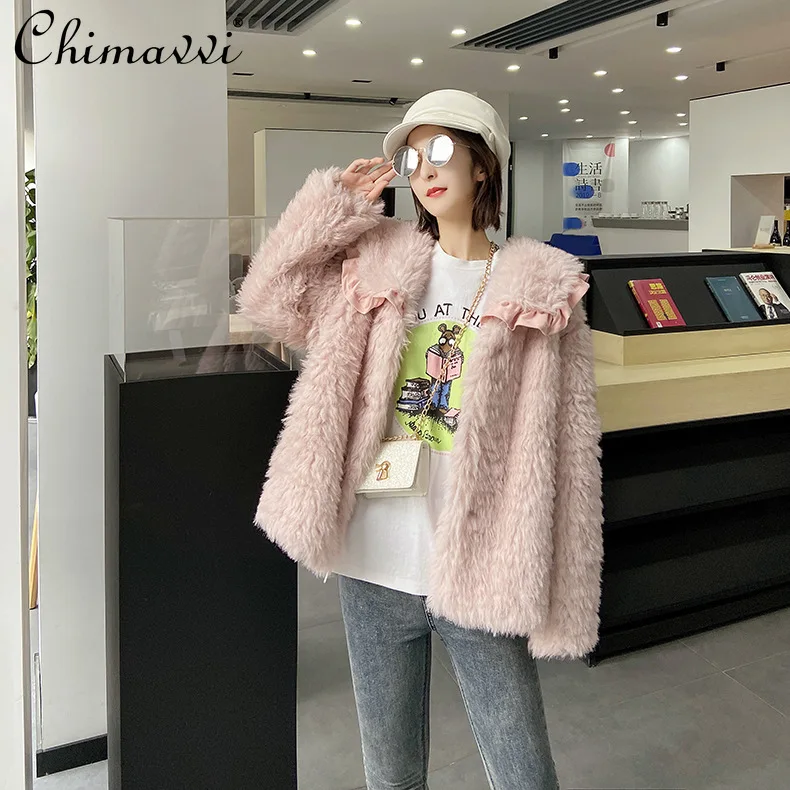 

Women's Long Sleeve Casual Fur Coat Ruffled Sailor Collar Faux for Jacket Female Streetwear Loose Pink Cropped Overcoat Outwear