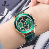 ruimas womens chronograph quartz watches luxury green leather wristwatch lady female watch top brand relogio feminino clock 592