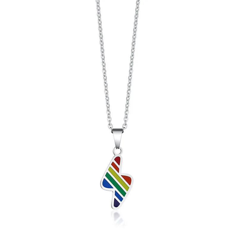 

Rainbow Gay Lesbian LGBT Pride Minimalist Lightning Silver Stainless Titanium Steel Dangle Necklace for Women Man Accessories