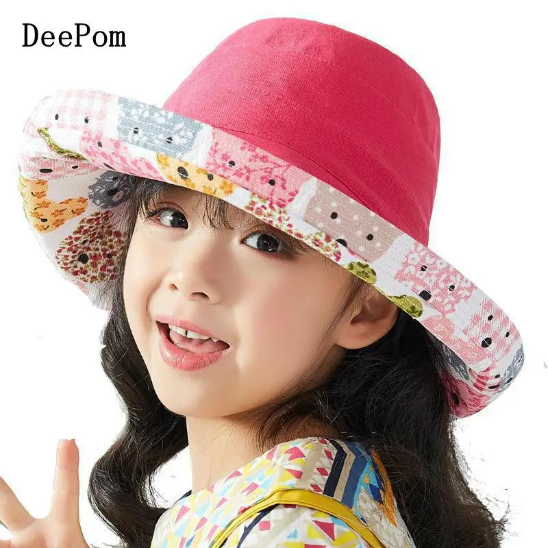 

DeePom Children Spring Summer Hats For Girls Cartoon Double Side Bucket Hat Kids Fishing Hat Cotton Wide Brim Outdoor Beach Hat