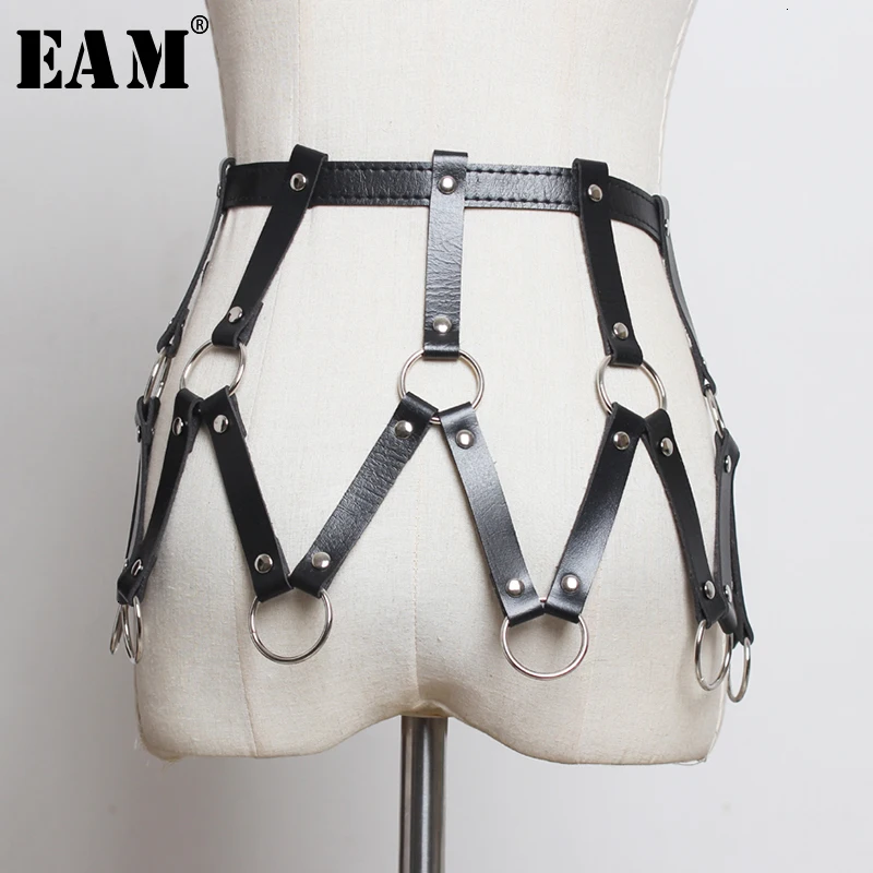 [EAM] Pu искусственная кожа черная Пряжка сплит соединение выдолбленный ремень