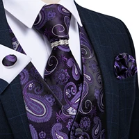 men purple paisley silk waistcoat wedding party suit vest necktie pocket square tie ring set casual sleeveless jacket dibangu