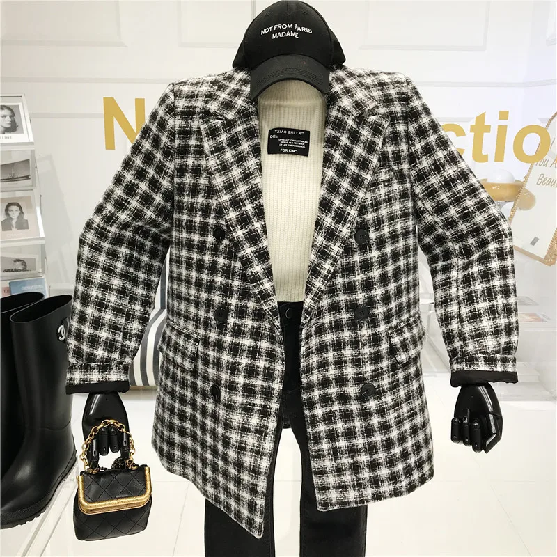 

Wool cotton plaid suit coat Women's 2021 New Retro thickening double breasted casual suit