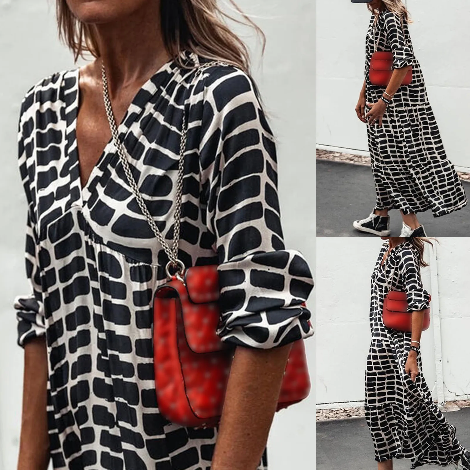 

Fashion Leopard Printed A-Line Party Dresses Women Spring Pleated Loose Maxi Dress Elegant Long Sleeve Long Dress Vestido#B