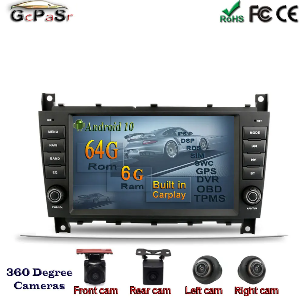 Автомобильный мультимедийный плеер Android 10 Авторадио GPS для Mercedes Benz Class C W203CLC W203