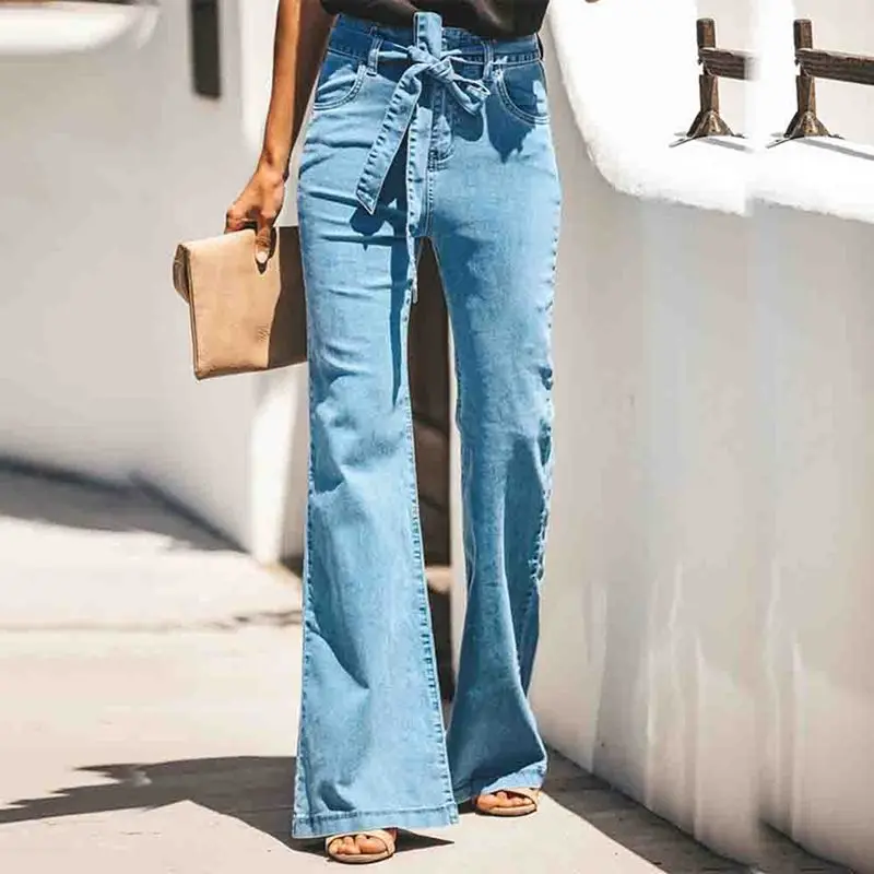 Новинка осени 2019 джинсы для мам с поясом на шнуровке высокая талия расклешенные