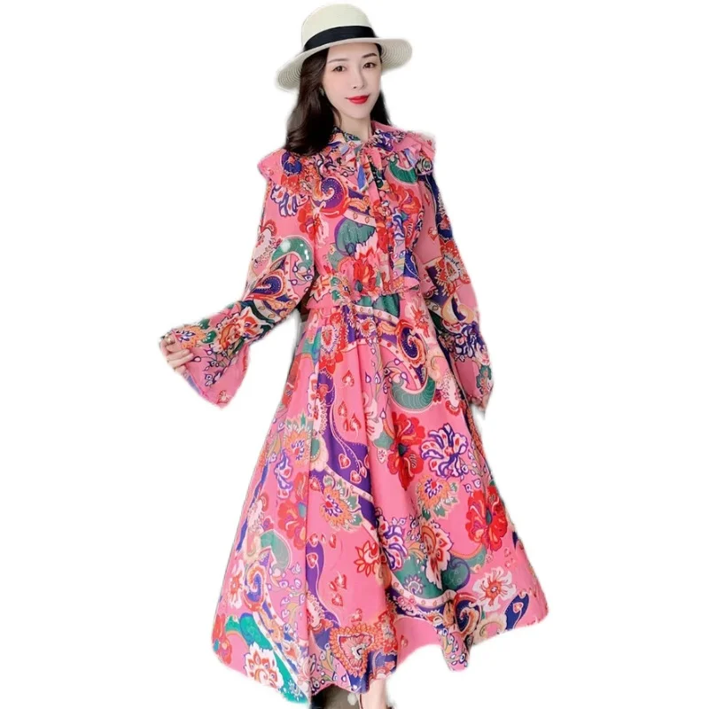 

Wavsiyier Midi Dresses Women 2021 Party Runway Luxury A-Line Spring Prink Print Elegant Long Sleeve Dress Autumn High Waist Boho