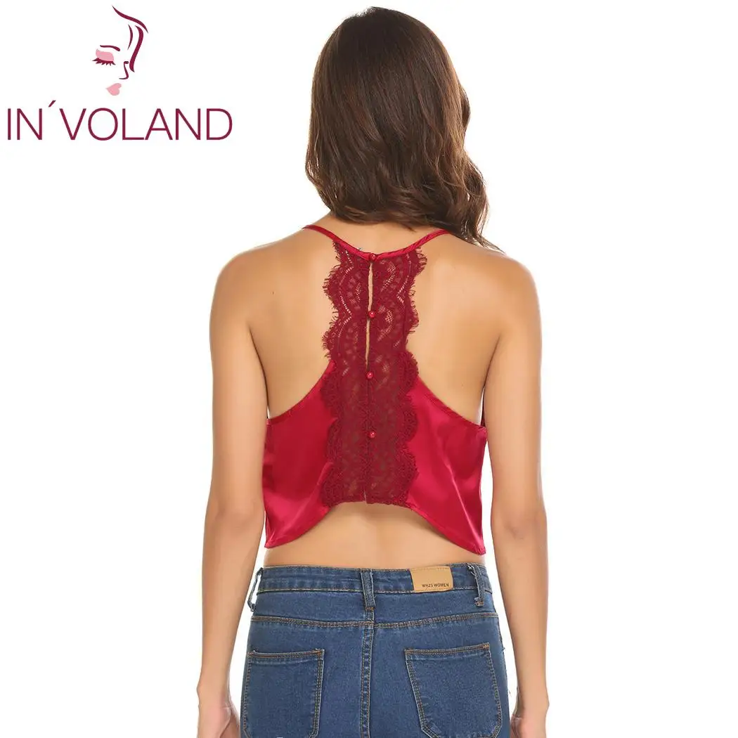 Женский Атласный топ на бретельках с v-образным вырезом и кружевной отделкой