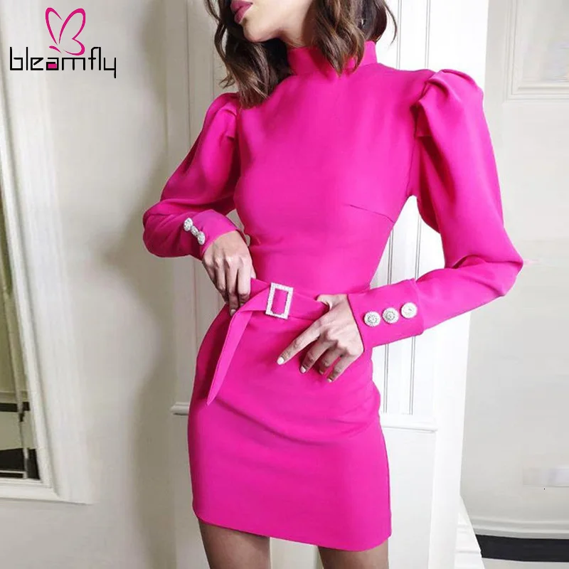 Женское мини платье с длинным рукавом и высоким воротником элегантная офисная