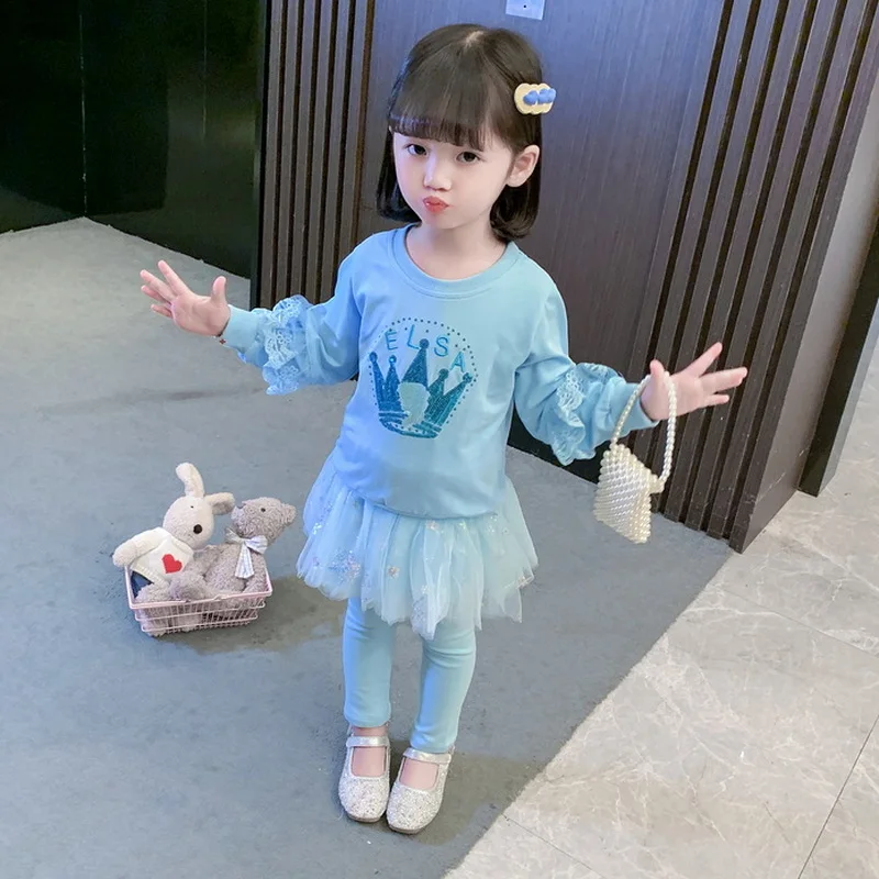 

Kids Autumn New Style Princess Knitted Culottes Fashion Two-Piece Suit Girls Cotton Blue Pink Casual Outing Sweet And Cute Sets