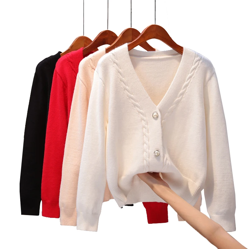 

Knitted Cardigan Women's Spring Autumn New Korean The Wild Loose Solid Color V-neck Small Twist Short Sweater Coat Woman